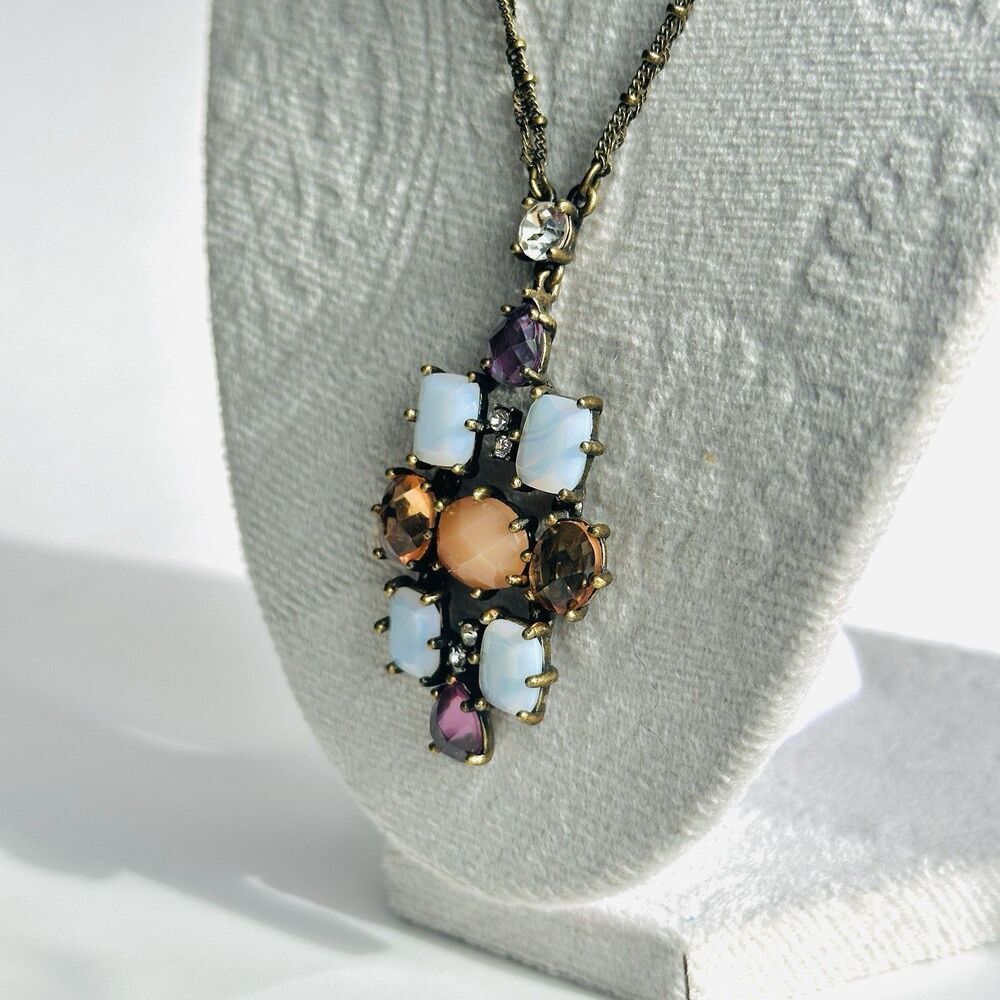 Vintage AVON Faux Opal Rhinestone Amber Glass Stone Necklace Boho Statement 20"